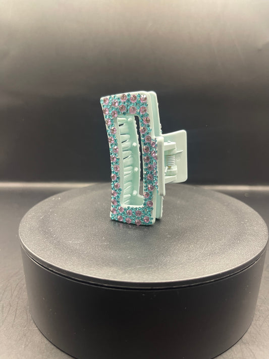 Glitzer Haarspange Mint mit Strasssteinen – handgemachte Haarklammer in Türkis & Rosa