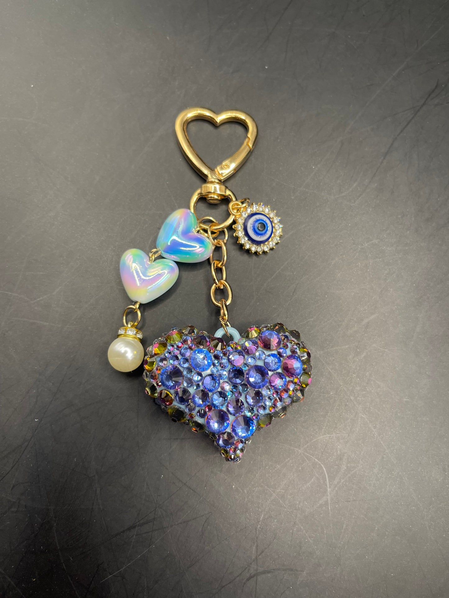 Glitzer Herz Schlüsselanhänger mit Strasssteinen & Schutzauge – Geschenkidee ✨💙
