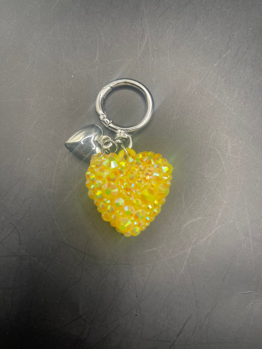 Gelber Glitzer Herz-Schlüsselanhänger mit irisierenden Strasssteinen | Handmade Unikat