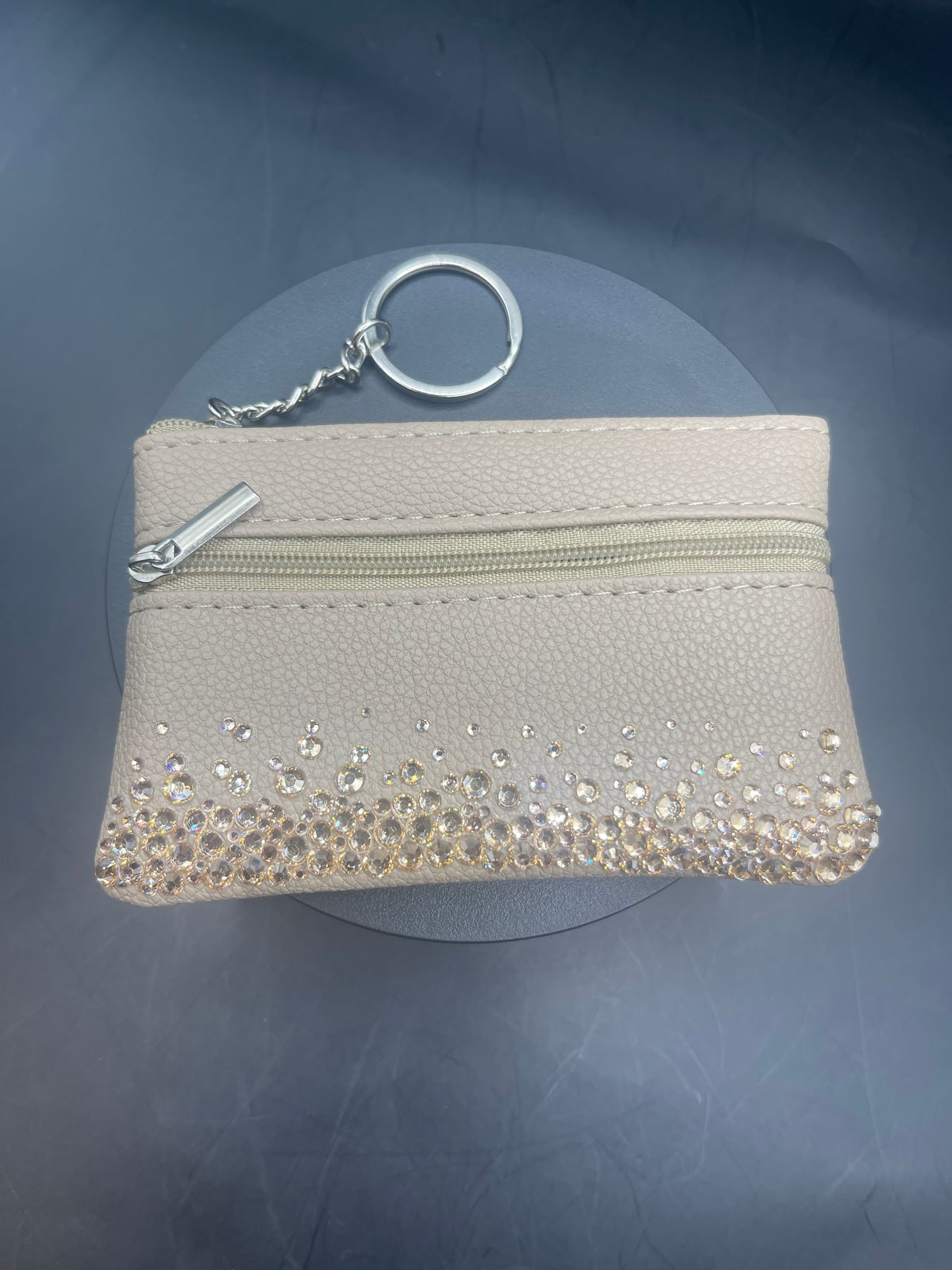 Glitzer-Schlüsselanhänger-Portemonnaie – Champagnerbeige mit Strass
