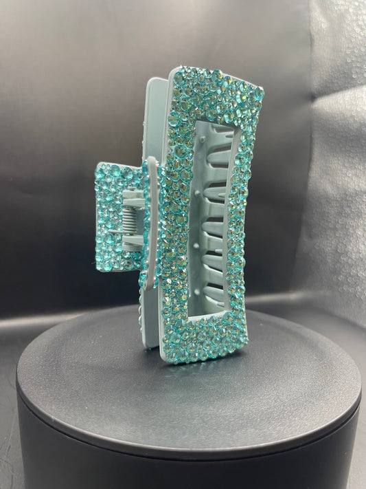 Aqua Crystal Rectangle Haarspange – 11 cm | Handbeklebt & strahlendes Unikat