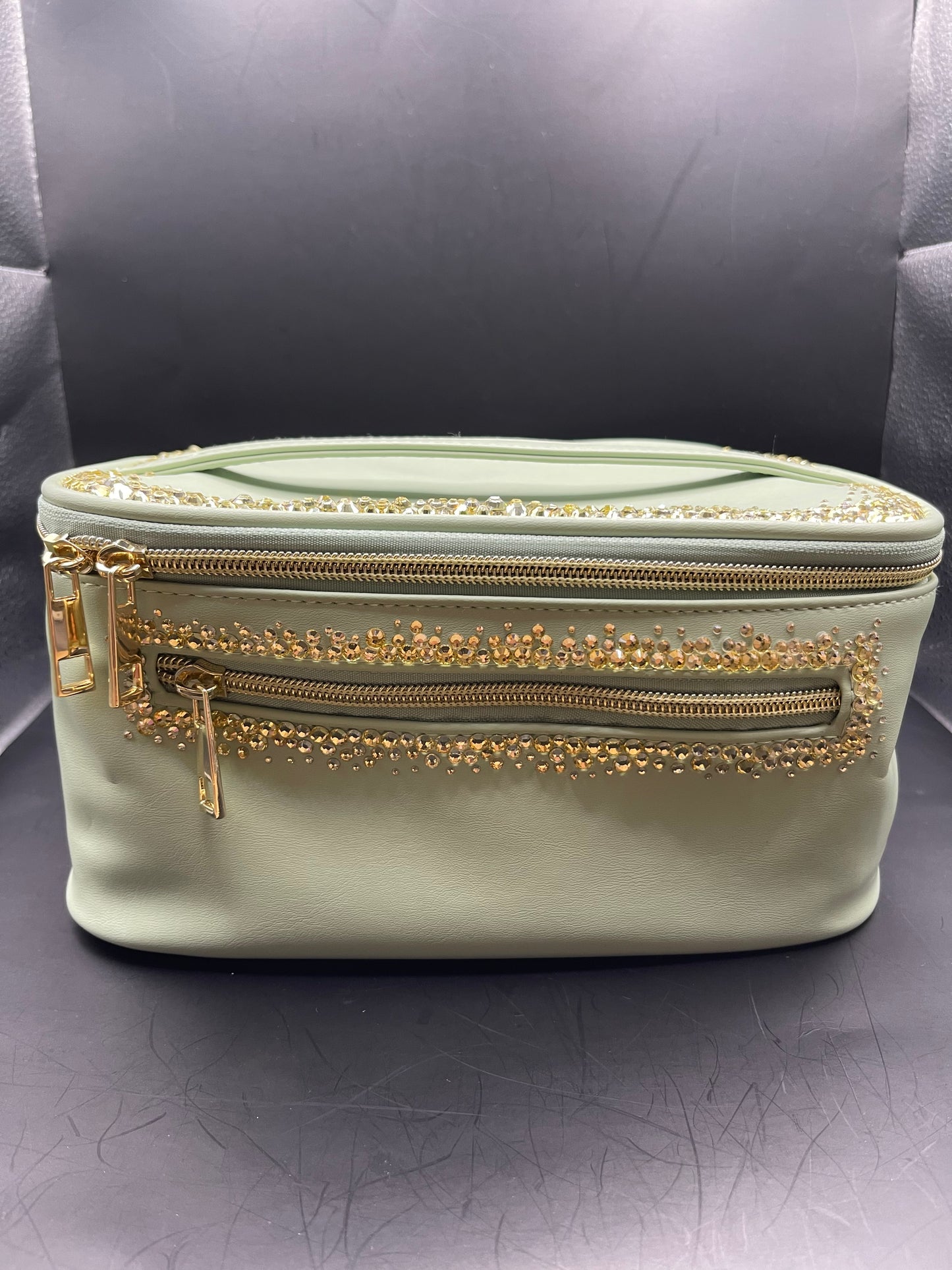 Mintgrünes Luxus-Nécessaire mit goldenen Strasssteinen – handverziert