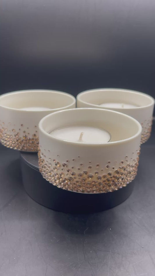 Dreierset Glitzer-Teelichthalter – Creme mit goldenem Strassverlauf | Handverziert | TheGlitterThing
