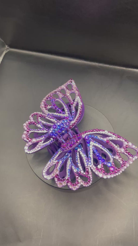 Schmetterling Haarspange Lila-Pink mit Strasssteinen – Handverziert
