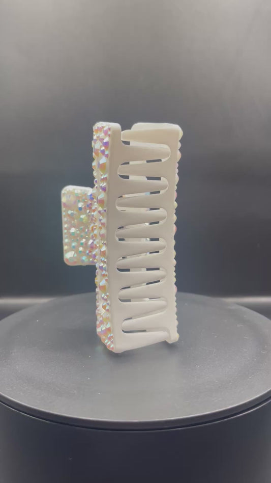 Haarklammer „Crystal AB“ – Weiss mit irisierenden Glitzersteinen (9 cm, rechteckig)