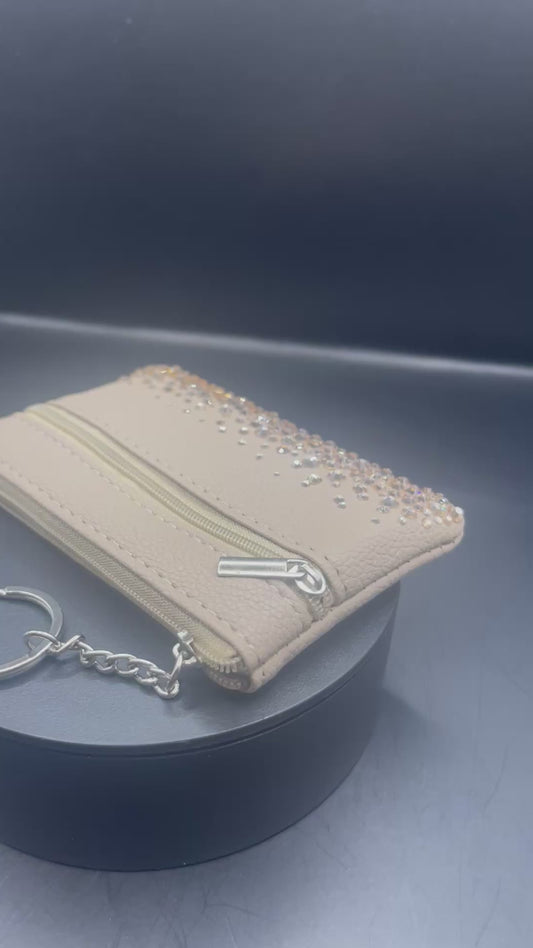 Glitzer-Schlüsselanhänger-Portemonnaie – Champagnerbeige mit Strass