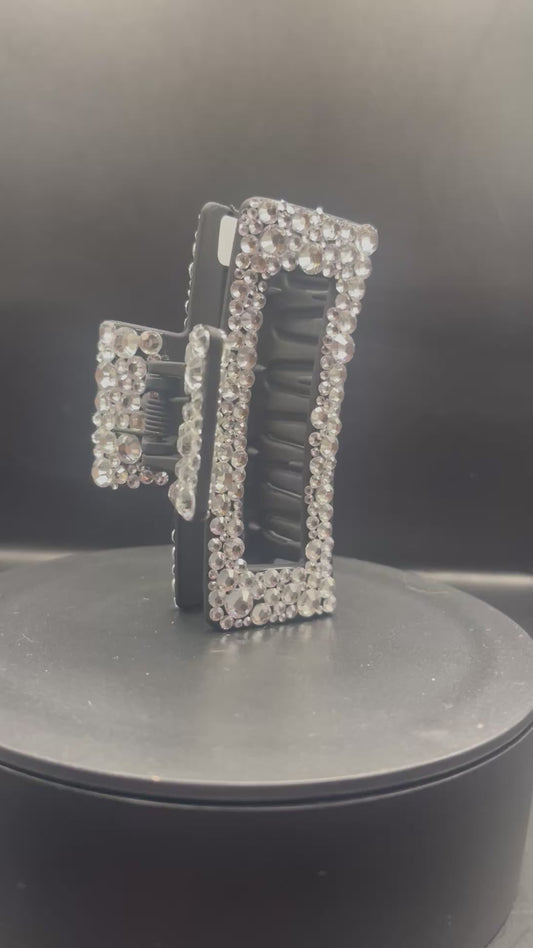 Glitzer-Haarspange Schwarz & Kristallklar – handveredelt (9 cm)